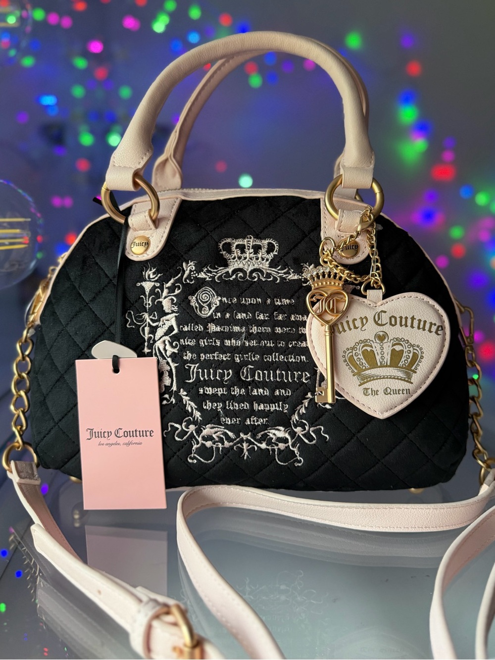 Juicy Couture Fairy Tale Crossbody Retro Black velour quilted  crown heart charm